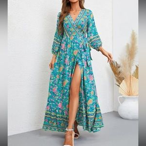 Boho floral print wrap belted maxi dress
